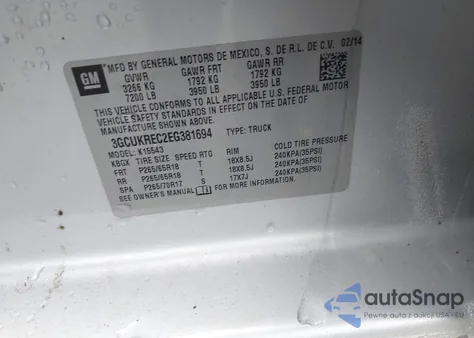 2014 Chevrolet Silverado 1500 1Lt z USA, uszkodzony, nr VIN 3GCUKREC2EG381694